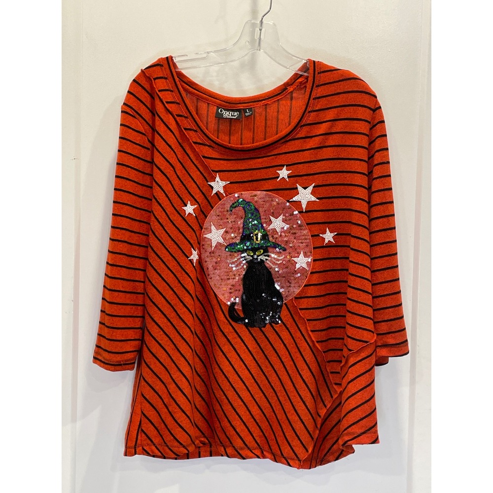 Halloween Witchy Sweatshirt Graphic Cat Embroidery Crescent Stars Large